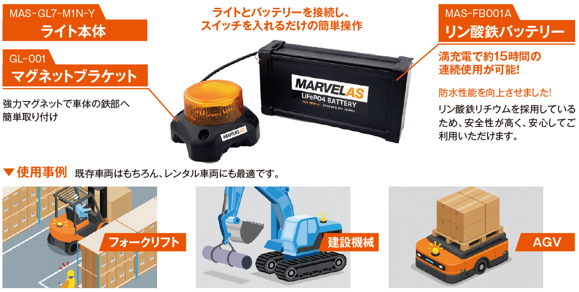 フォークリフト用警告ライトとリン酸鉄バッテリーMAS-FB001A